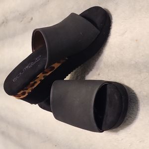 Boutique by Corky slip on wedges, black and leopard print, size 6
